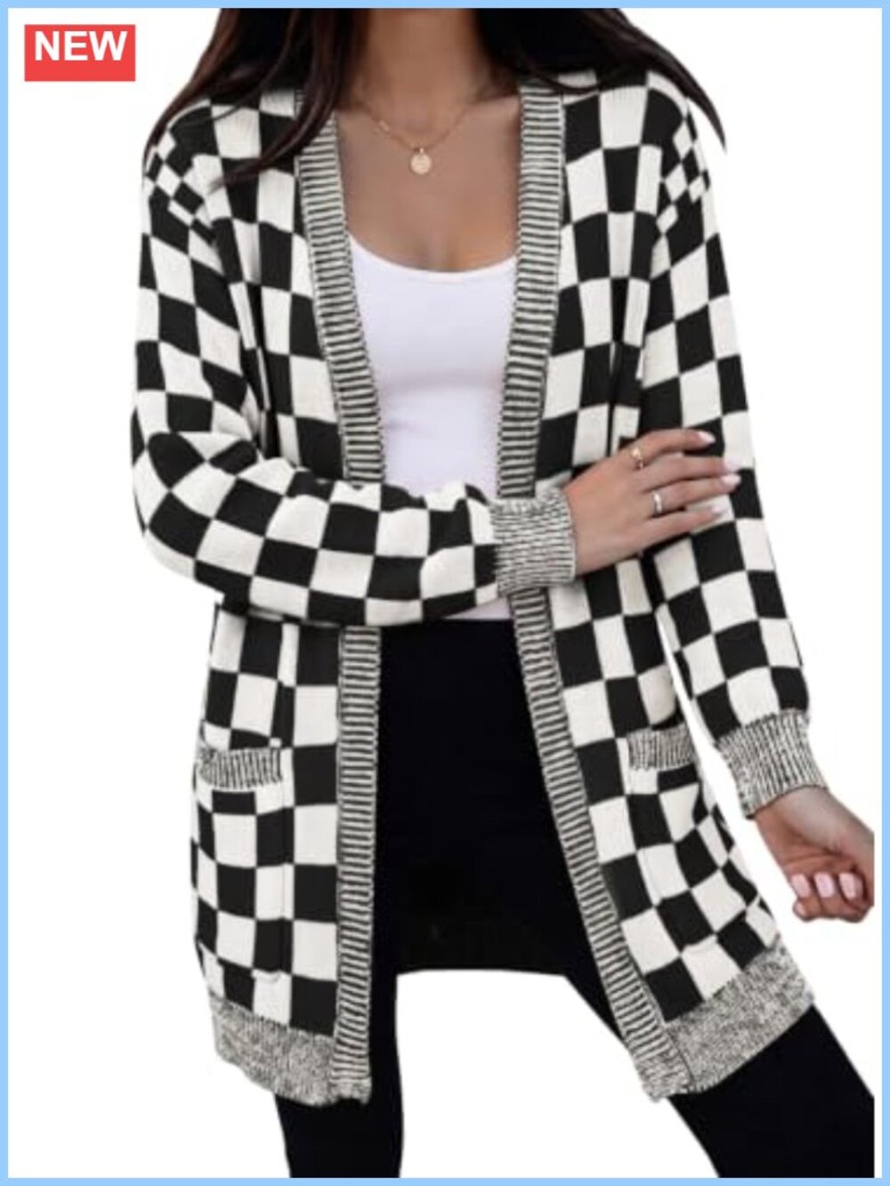 Women's Checkered Open Front Cardigan Sweater with Pockets